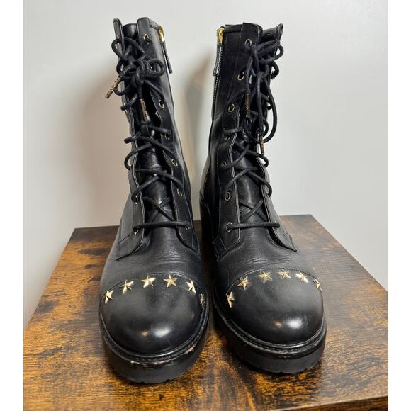 Michael Kors Cody Lace Up Boots 9 M Metallic Stars Stud Zip black leather - Picture 2 of 7